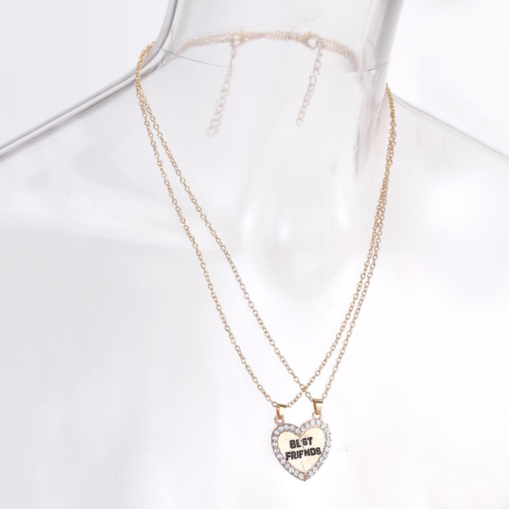 2pcs Per Set Heart Rhinestone Best Friends Engraved Pendant Friendship Necklace