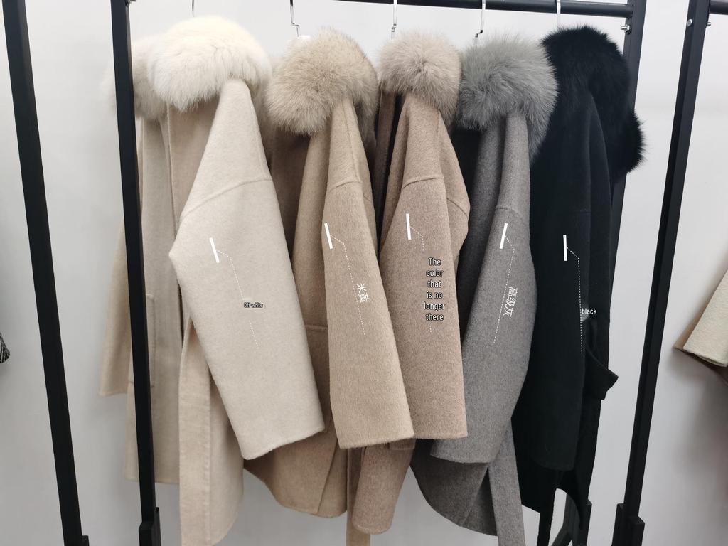 Double-Faced Cashmere Coat with Fox Fur Collar & Cuffs Hooded Mid-Length Loose Fit