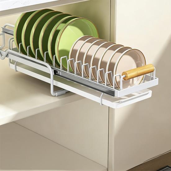 Dish Storage Rack Drawer Type Carbon Steel Frame Wooden Handle Organizer Rational Use of Space Drying Rack for Kitchen