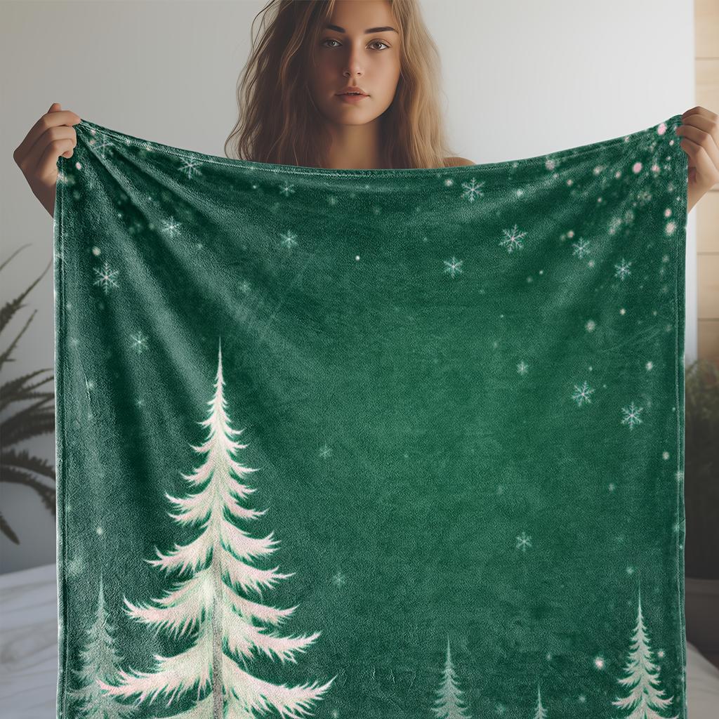 1pc Vintage Style Flannel Throw Blanket with Cedar & Snowflake Print, Polyester Fabric, All-Season Cozy Warm Soft Blanket