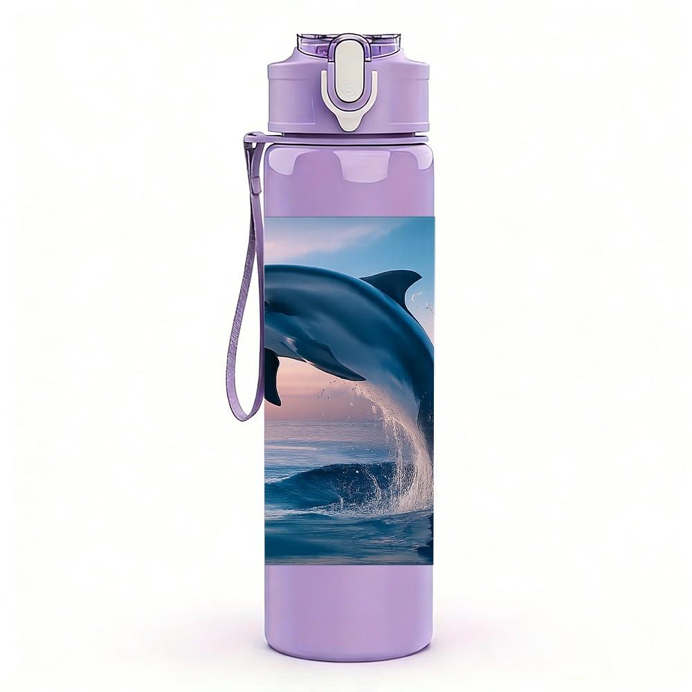 1PC Jumping Dolphin Ocean Wave Print 750ml Color Plastic Sports Water Bottle Leakproof Flip Straw Lid Suitable for Sports Office Home Use