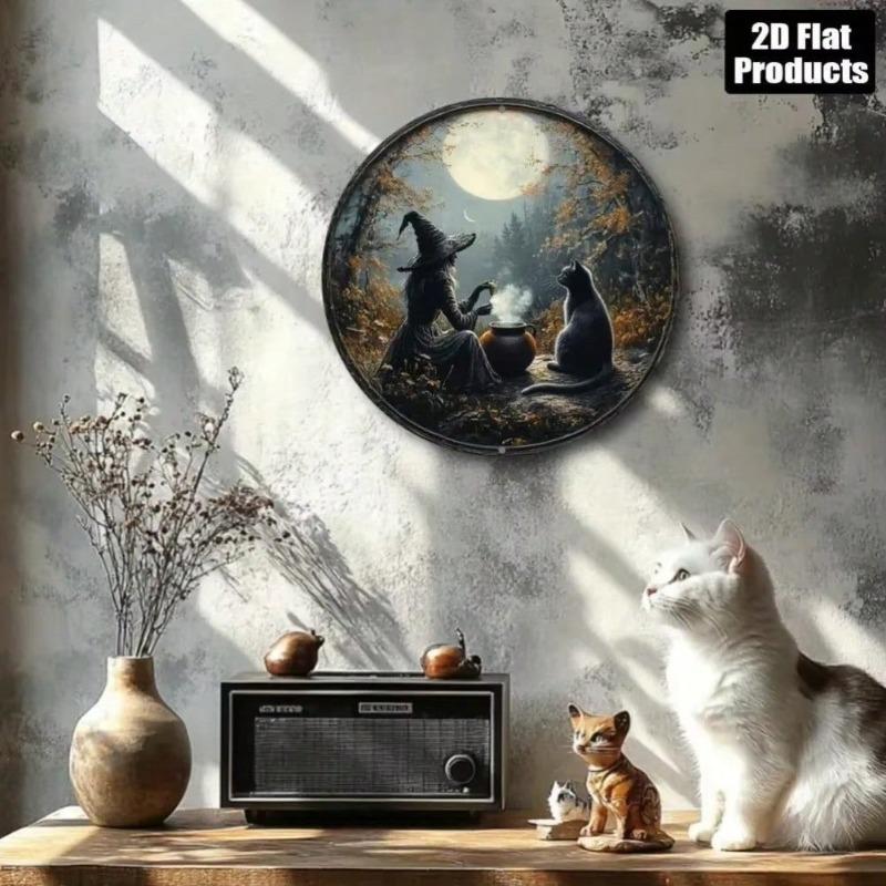 Vintage Halloween Metal Tin Sign Witch Cat Wall Art Decor For Bar Cafe
