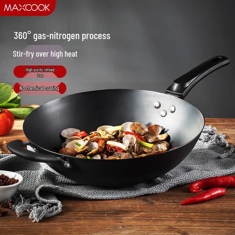 MAXCOOK 36CM Rust-Resistant Wrought Iron Round-Bottom Wok