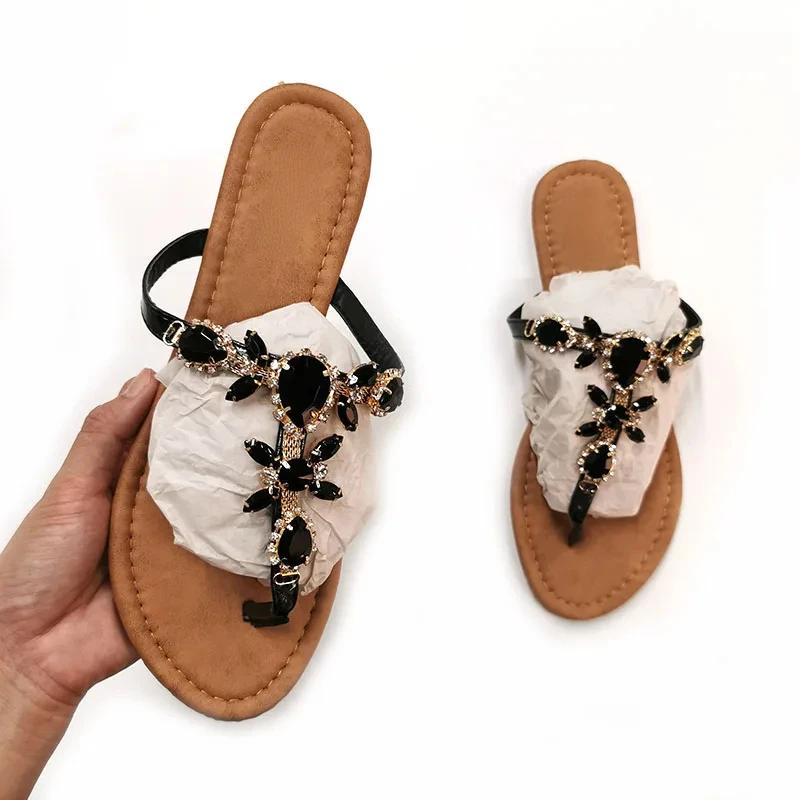 Fashion Women Gladiator Sandals Summer Beach Diamond Big Size Fashion Female Sandal Roman Rhinestones Flat with Woman Casual Shoes