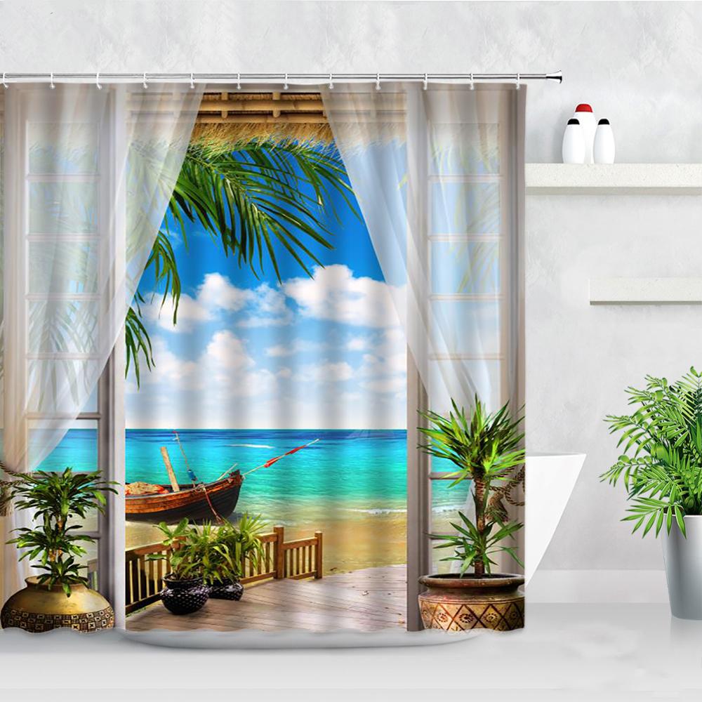Fleurs Rouges Porte Grecque Bleue Avec Vue Sur Mer Sur Île Rideaux de Douche Tissu Imperméable Ensemble de Rideaux de Salle de Bain Décoration de Baignoire pour la Maison