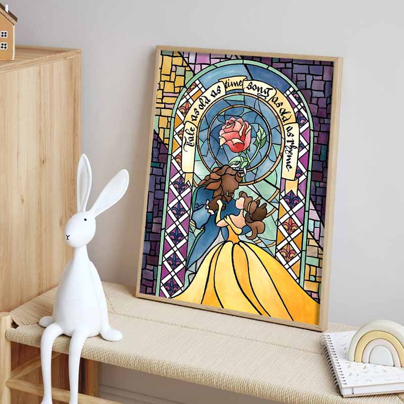 Disney Diamond Painting Beauty and The Beast Stained Glass Art Illustration 5D Full Diamond Art Mosaic DIY Embroidery Cartoon Wall Decoration