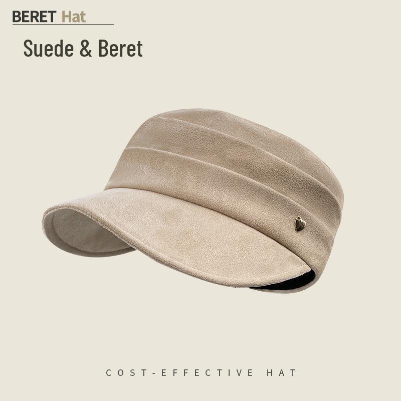 Women's Ruched Suede Flat Top Equestrian Hat - Warm Autumn/Winter Newsboy Cap with Face-Slimming Duckbill Design