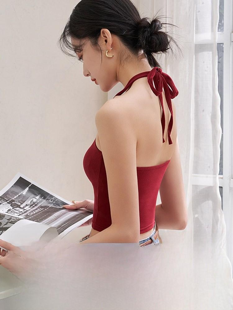 Cotton Sleeveless Tank Top For Women With Backless Design And Chest Pad For Summer Casual Wear