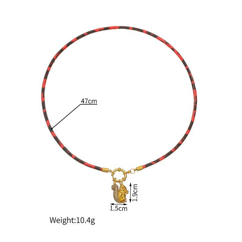 Stainless Steel Rhinestone Squirrel Pendant Necklace with Leopard Print Rope Chain