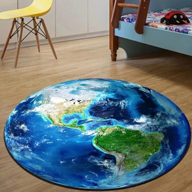 Celestial Round Floor Mat Featuring Earth Moon and Mars Anti-Slip Carpet for Bedroom Computer Chair Unique Rug for Home Decor