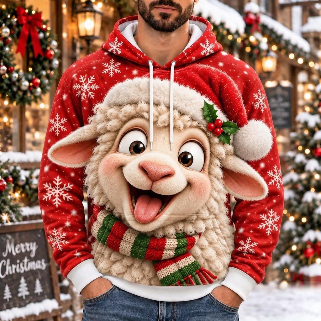 Men's Casual Loose Fit Hooded Long Sleeve Top with Christmas Print for Holiday Parties