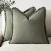 Fundas de Cojín Decorativas de Lino Verde Oliva con Flecos Estilo Boho Granja con Borlas Funda de Cojín para Sofá Sala de Estar 18×18 Pulgadas