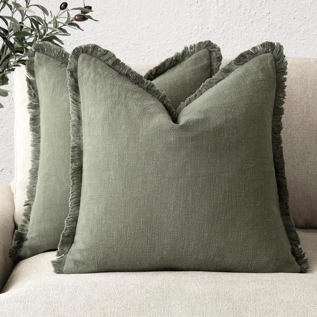 Fundas de Cojín Decorativas de Lino Verde Oliva con Flecos Estilo Boho Granja con Borlas Funda de Cojín para Sofá Sala de Estar 18×18 Pulgadas