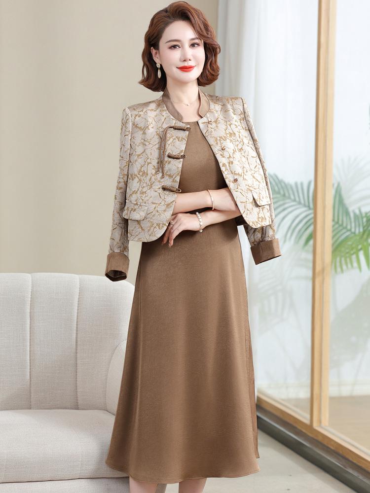 Elegant Spring & Summer Medium-Length Dress Suit: Women's Short Coat with Two-Piece Set for Middle-Aged & Elderly