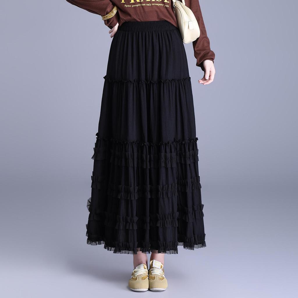 2026 Summer Women's Korean A-Line White Midi Skirt – High Waist, Lace Trim, Drape Design