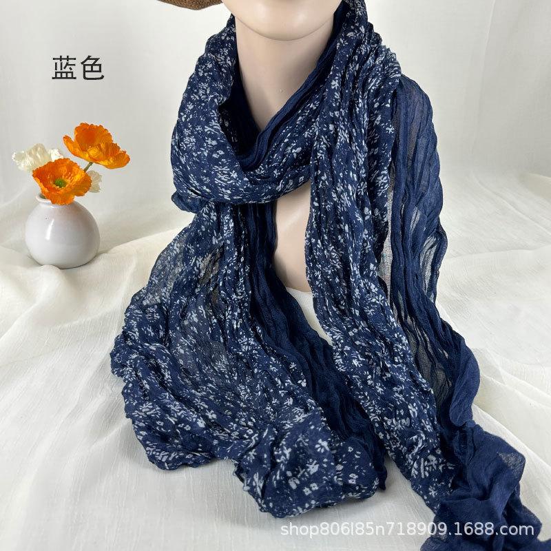 Women s Cotton and Linen Scarf Printed Pleated Scarf Vintage Scarf Small Floral Scarf