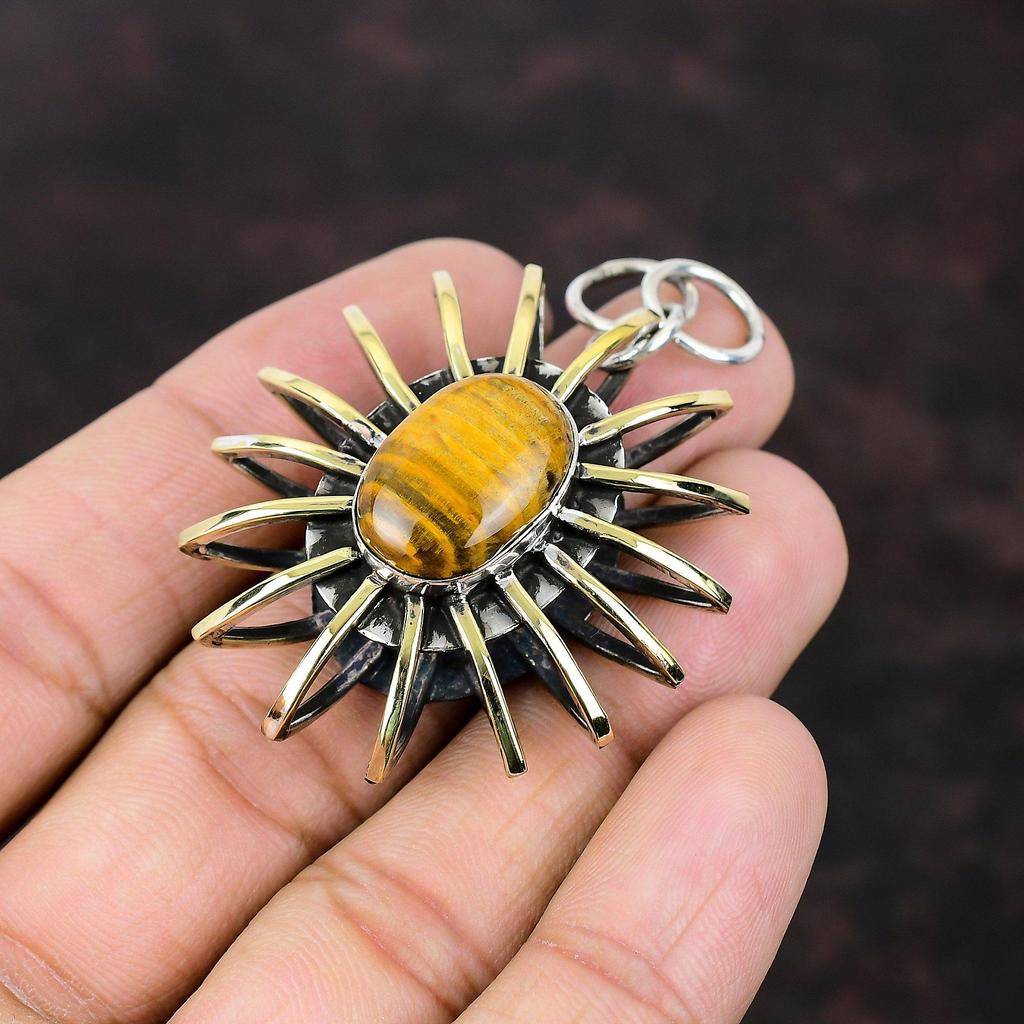Tiger's Eye Pendant Handmade Jewelry 925 Sterling Silver Pendant 18K Gold Plated Pendant Cage Jewelry Antique Gemstone Pendant Gift For Wife