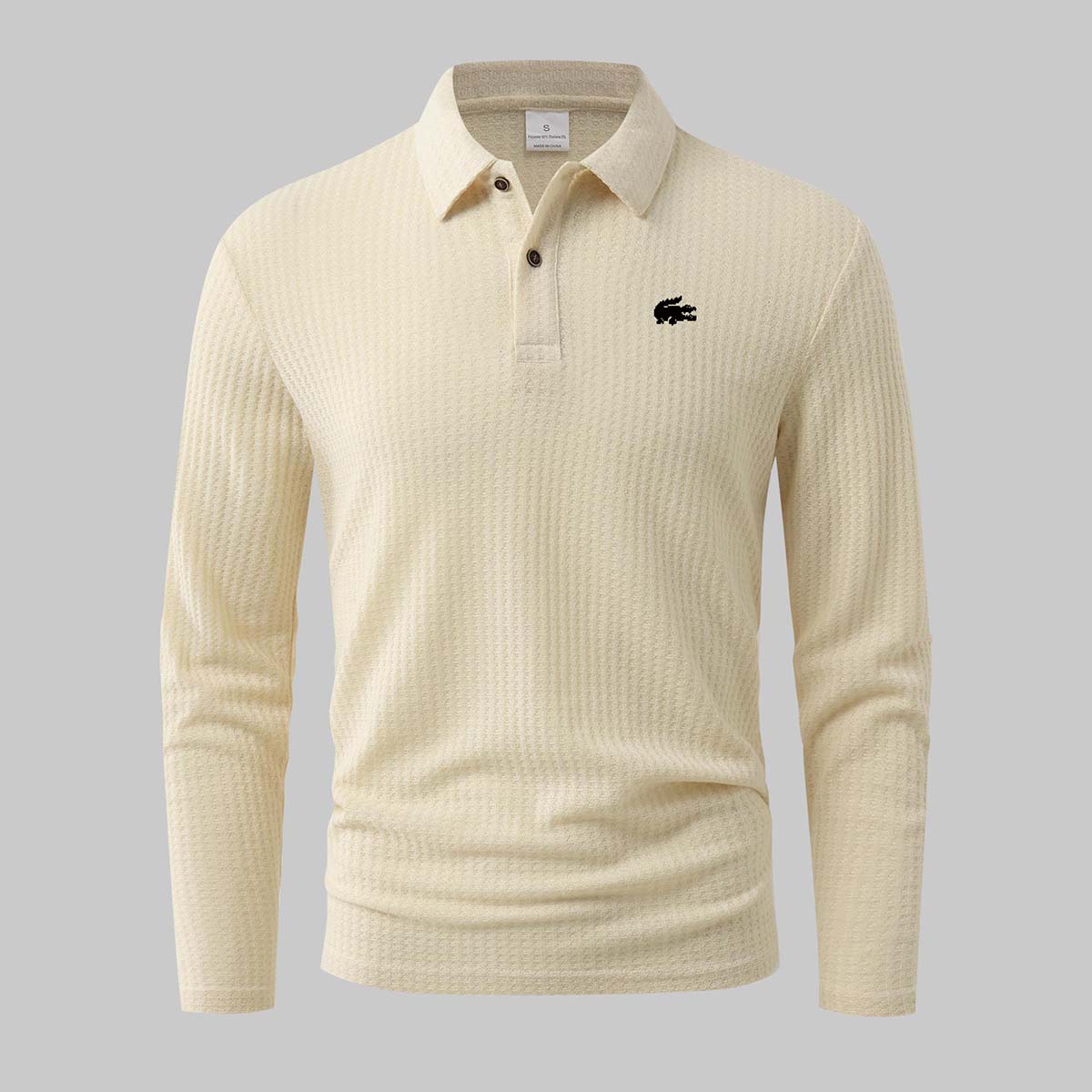 Men s Waffle Knit Crocodile Logo Long Sleeve Polo 2XL бежевый
