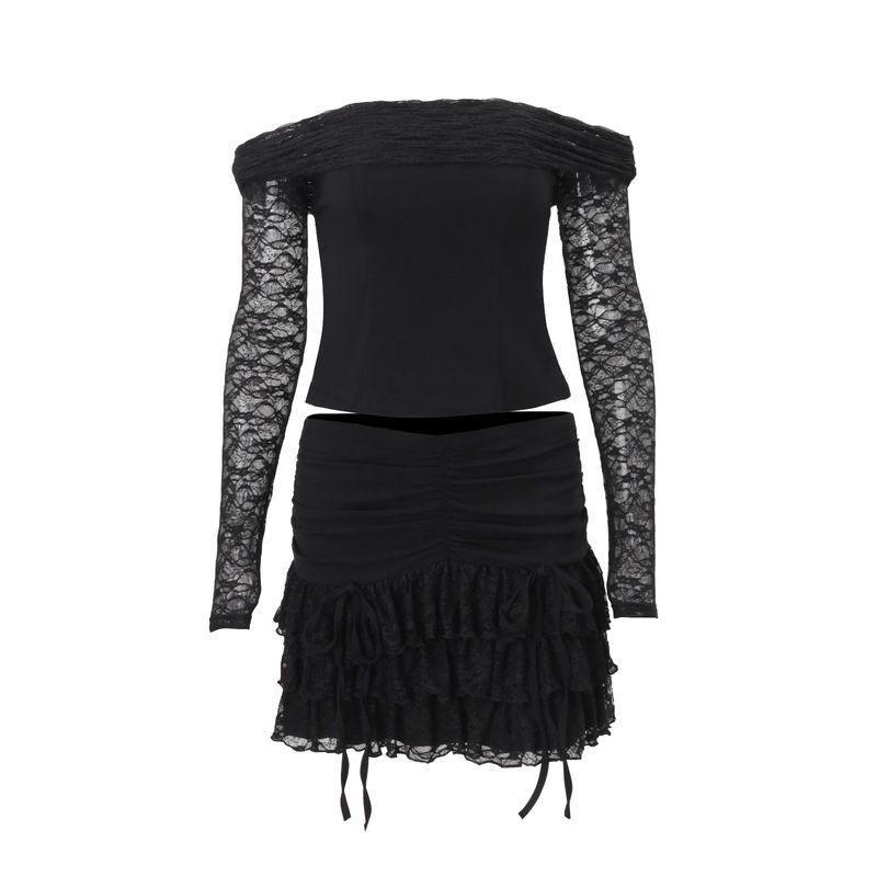 American Style Sexy Mesh Patchwork off-Shoulder Long Sleeves Tops Female Autumn + Black Low Waist Sexy Cake Dress Suit