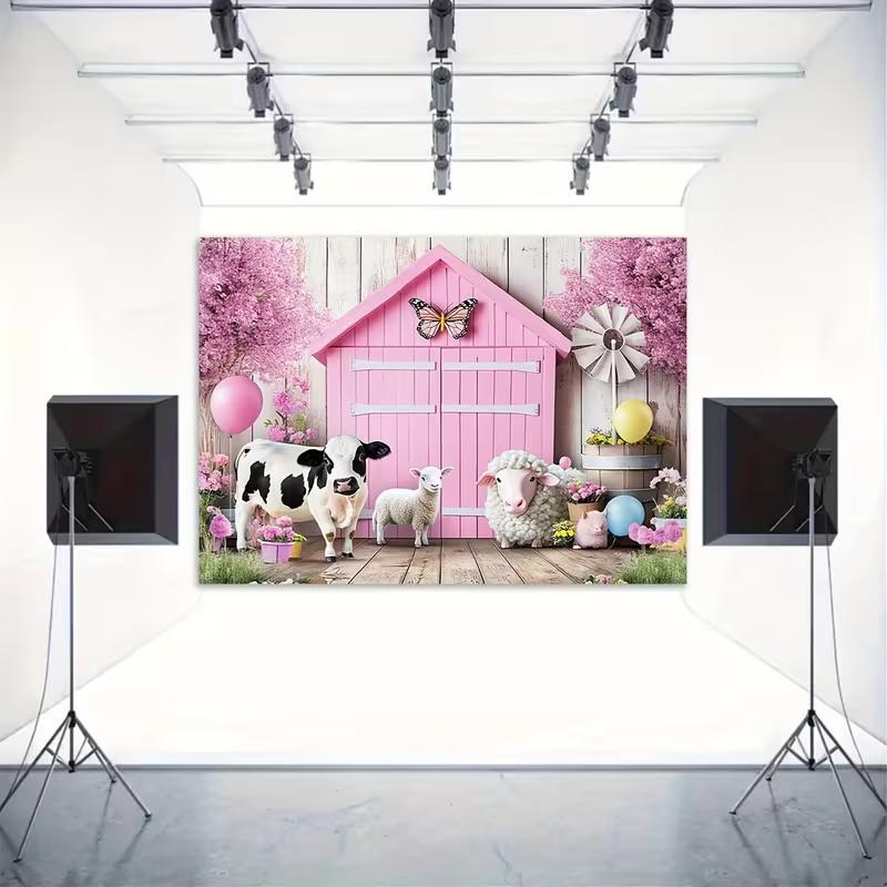 2D Flat Printing Pink Farm Animal Backdrop 210×150cm for Birthday