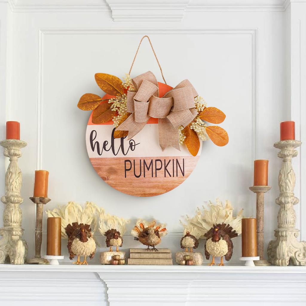1 pc HELLO FALL hanging, Harvest festival decor Front door garland, Autumn decor Wooden house number pendant with Pumpkin bow, decorative wreaths