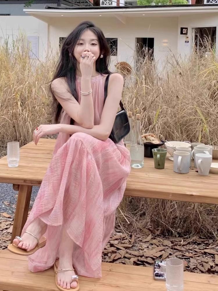 Pink Seaside Vacation Sleeveless Neck Dress Women's Summer High-end Tie-dye Printed Beach Dress Medium and Long Skirt