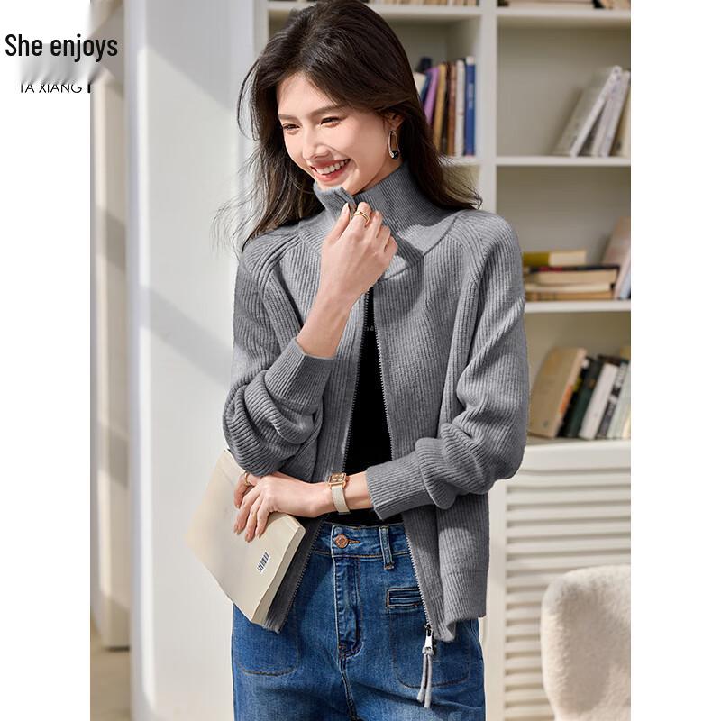 

Women s Double Zipper Lapel Knit Cardigan L