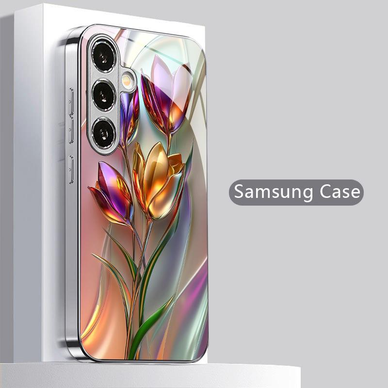 Etui 2D z wzorem tulipana na telefon Samsung S26 S25 S24 S23 S22 S21 S20 A56 A36 A16 - Galwanizowane szklane etui ochronne
