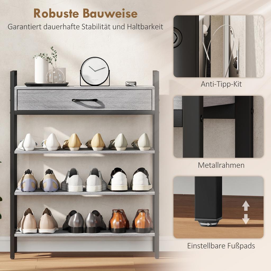 4-Tier Shoe Rack, Hallway Shelf for Up To 9 Pairs of Shoes, Particleboard, Metal, Grey