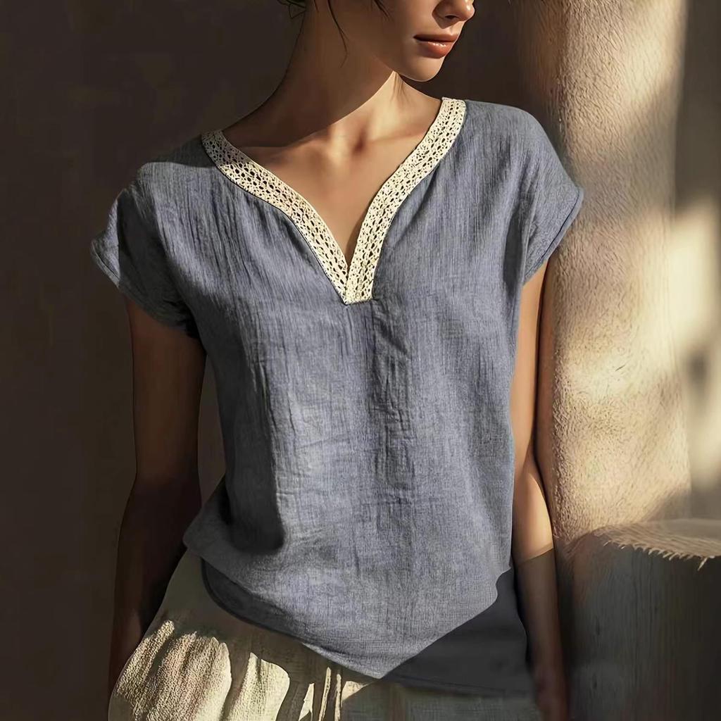 2026 Elegant Bohemian Summer Retro Lace V-neck Cotton-Linen Shirt for Women