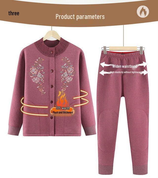 Women's Winter Fleece-Lined Cardigan and Sweater Set for Elderly