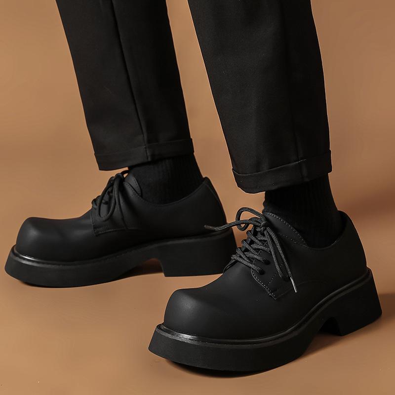 Platform Single Shoes Men's Spring and Autumn Round Head Lace-up Middle Heel Muffin Men's Shoes Work Black Small Leather Shoes 9522-M