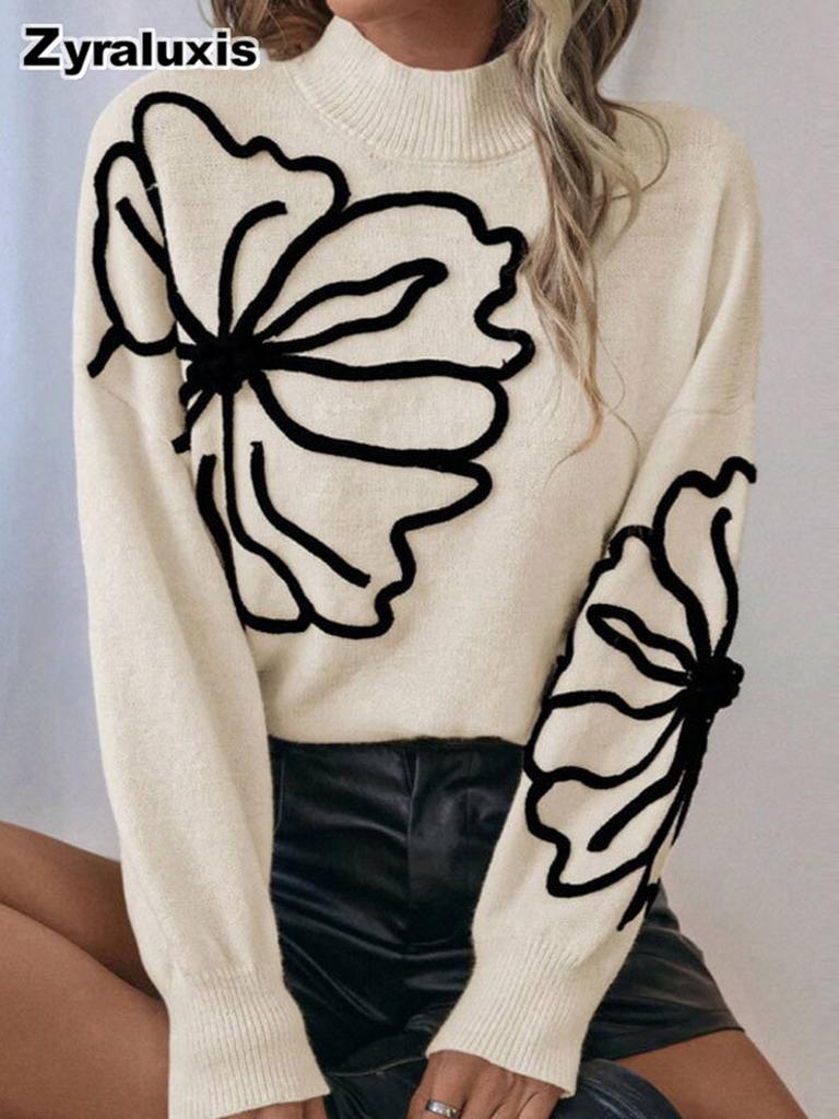 Herbst Winter Neuer Gestrickter Pullover für Damen mit Stickerei und Dreidimensionaler Blume Hoher Kragen Pullover Langarm