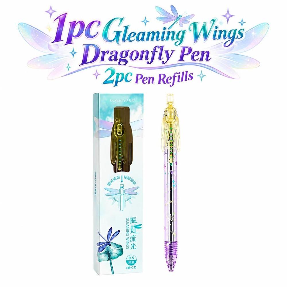 0.5mm Dragonfly Pen with Moving Wings with Two Pen Refills Black Ink Pens Stationery Supplies