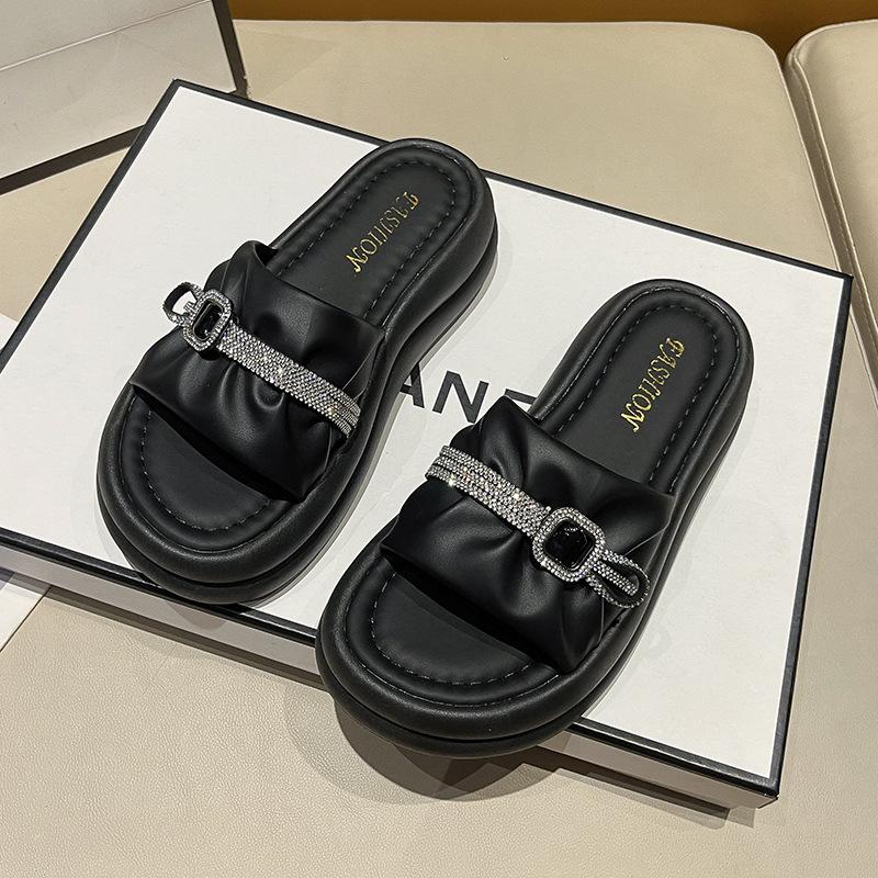 Thick-soled Rhinestone Cool Slippers for Women To Wear In Summer Thick-soled Cool Slippers One-word Drag Popular New Muffin Beach Women's Shoes