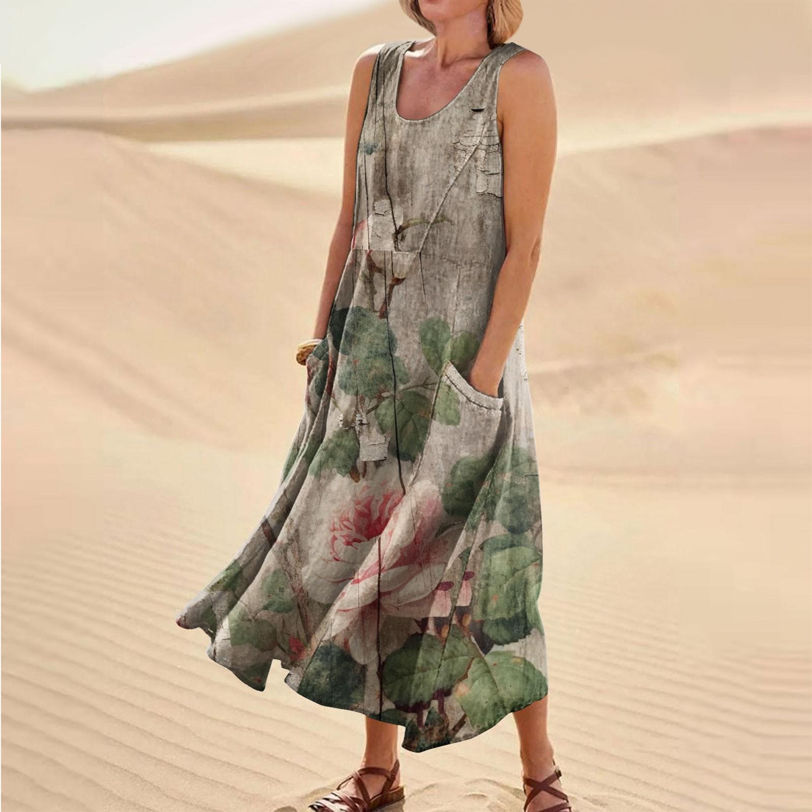 

Летние повседневные платья для женщин, сарафан без рукавов с цветочным принтом, плиссированная футболка, хлопковое платье с карманами XXXL