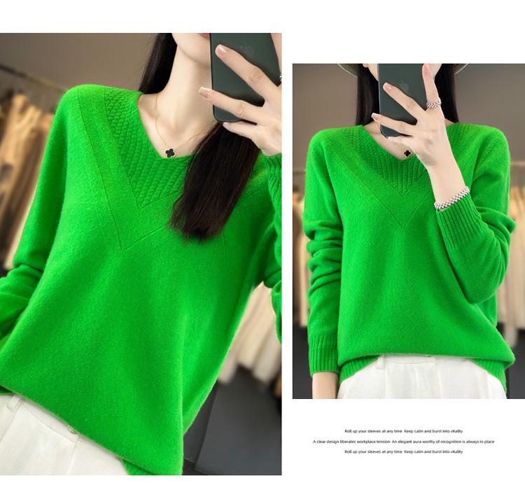 Women's Speckled Yarn Wool V-Neck Sweater - Thick, Loose-Fit, Perfect for Autumn/Winter