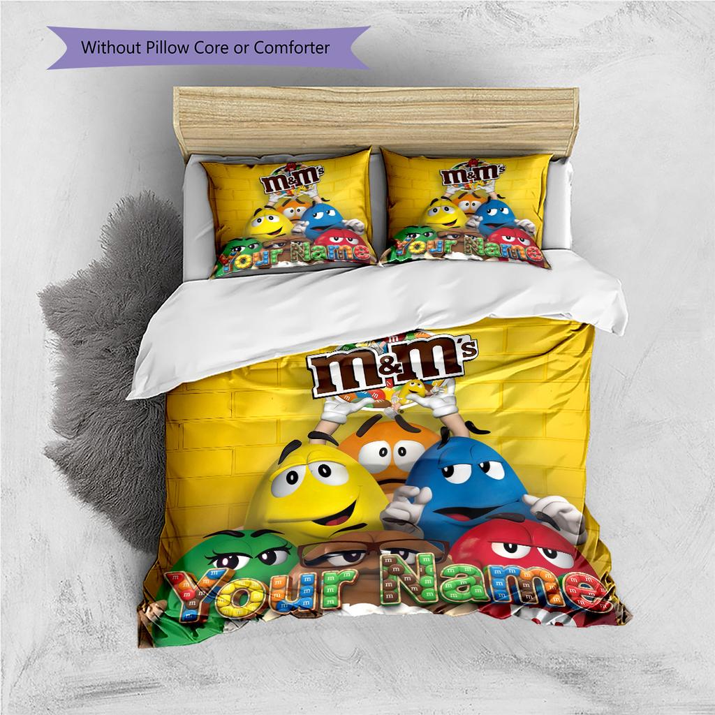 Custom Name M&M's Sweet Fun Bedding,Quilt Set Quilt Cover Pillowcase Home Birthday Gift (1 * duvet cover + 2 * pillowcase, without core)