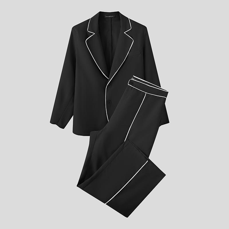 

INCERUN Мужской тонкий блейзер с длинным рукавом и длинные брюки с контрастной строчкой, комплекты офисной одежды из двух предметов S чёрный