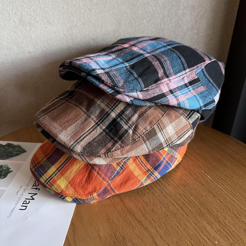 Grid Clashing Color Summer Breathable Cotton Blended Beret Hat Fashion Women