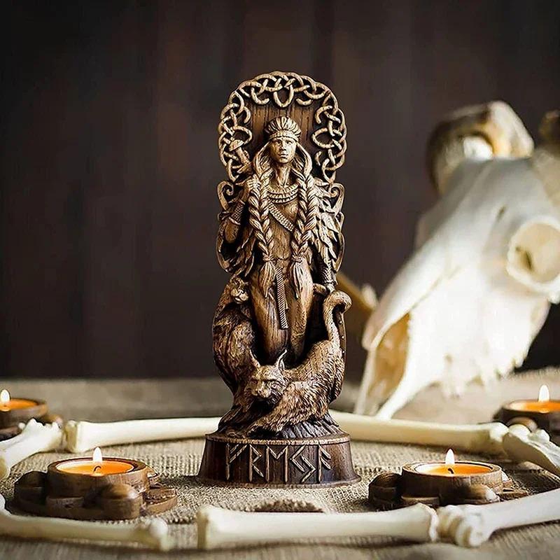 Socha bohů vikingů Skandinávský panteon Pryskyřice Ornamenty Socha Freyja Freya Norští bohové Řezba Oltář Pohan Asatru