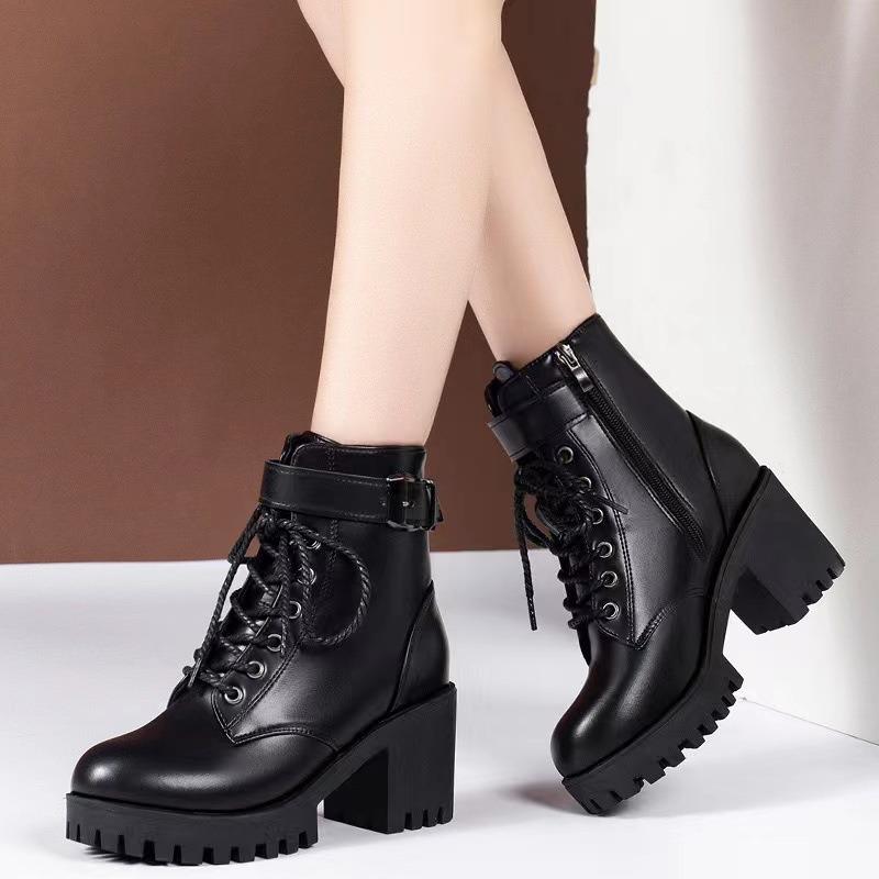 Martin boots women's shoes thick high heels new winter classic lace-up versatile fashion boots