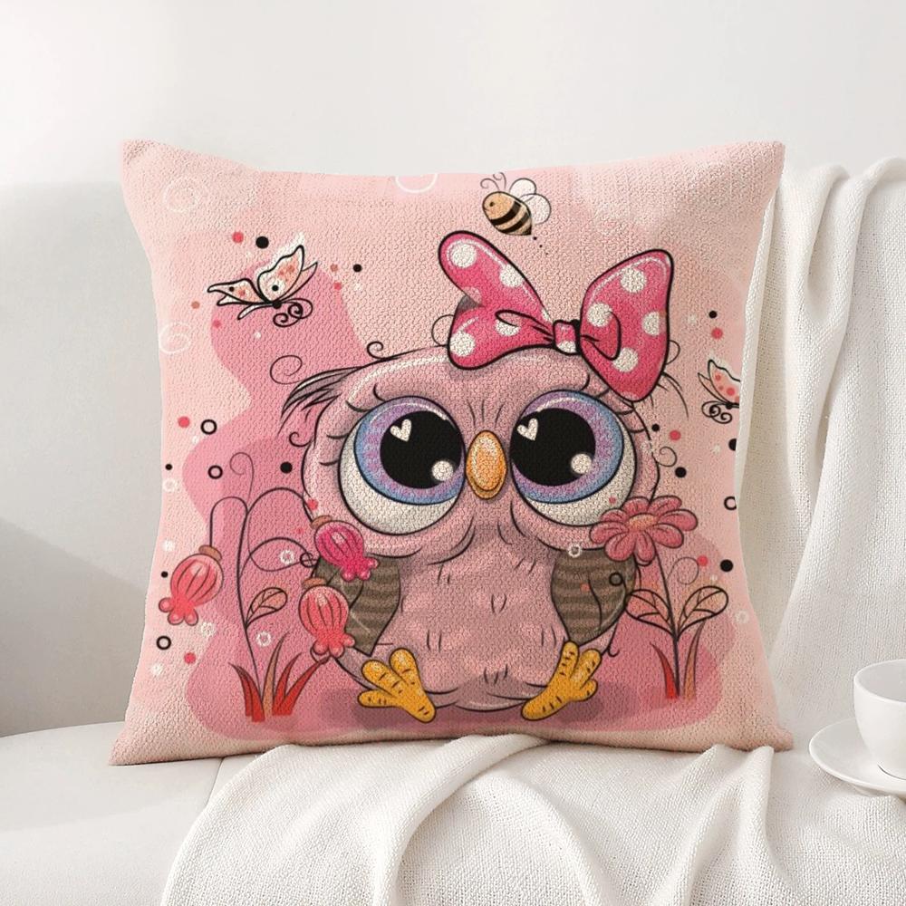 Cute Cartoon Owl Cushion Cover Natural Linen Organic Fabric DoubleSided Printing Sofa Home Decor Breathable Bed Pillow