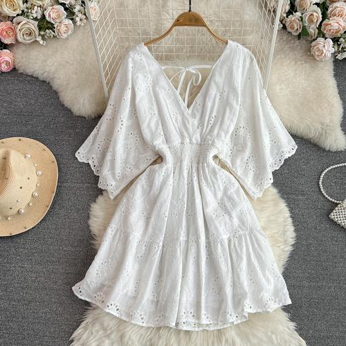 Vestido Vintage con bordado calado de cintura alta, vestido de hada acampanado de manga corta, Vestidos elegantes de playa para verano, vestido veraniego para vacaciones para mujer