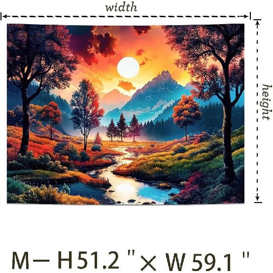 Obsecolors Sun Forest Mountain Tapestry Trippy Sun Tapestry Hippie Nature Landscape Tapestries Aesthetic Sunset Magic River Tapestries Wall Hanging