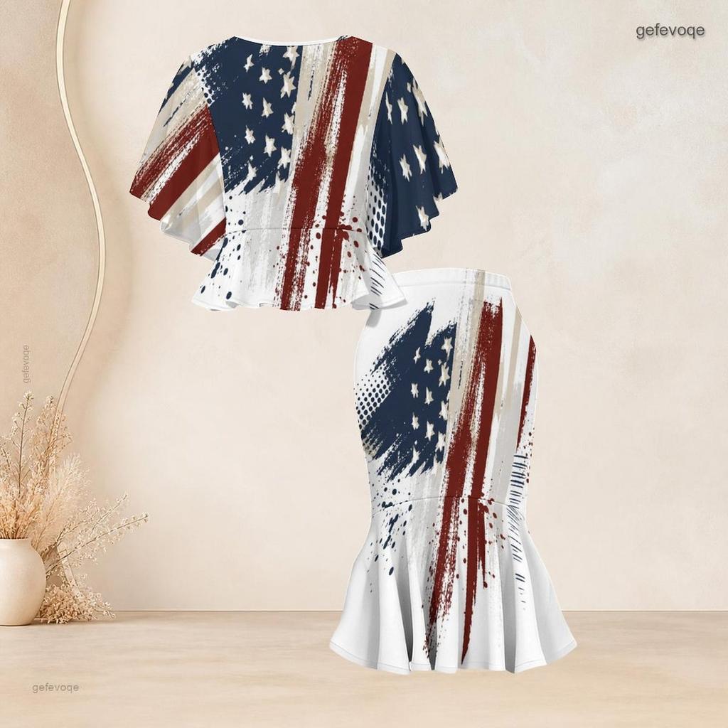 Women Plus Size Two Piece Set Round Neck Batwing Sleeve American Flag Printed Ruffle Hem Top Fishtail Skirt