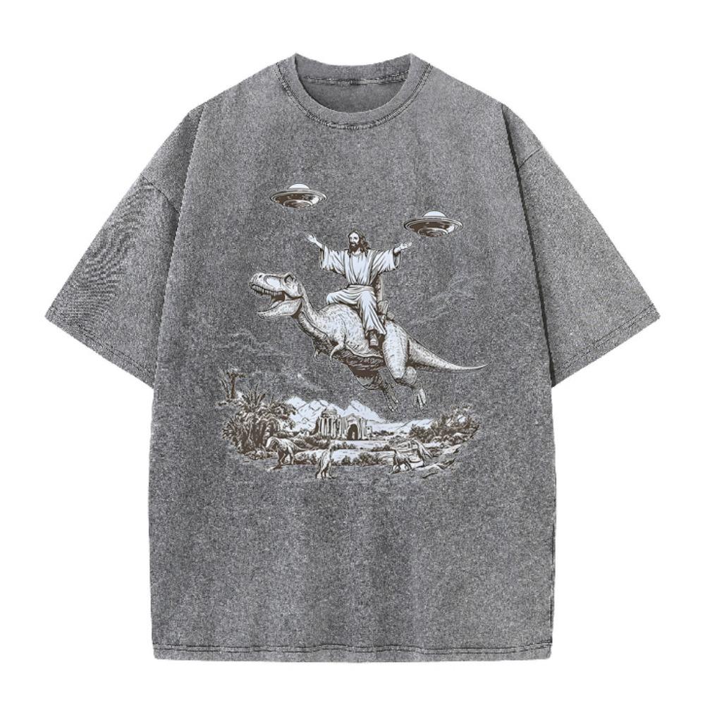 Vintage Washed Distressed T Shirt Cartoon Dinosaur Print Unisex Short Sleeve Tee Streetwear Student Vacation Tops