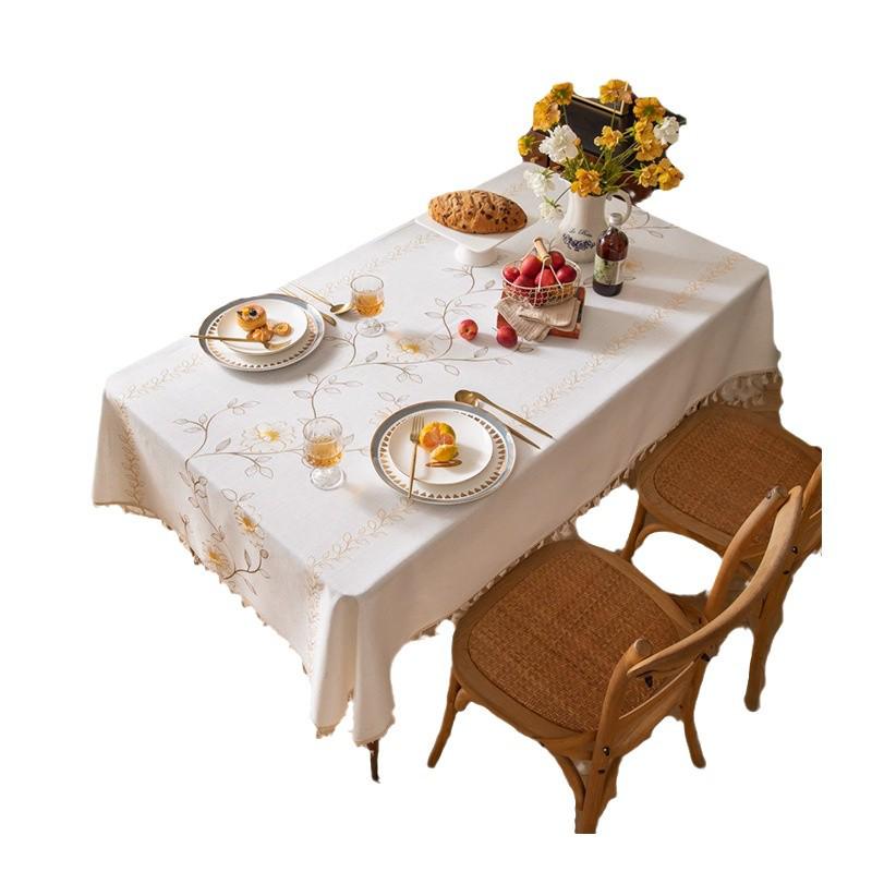Ying Cross-Border Cotton Linen Embroidered Tablecloth, French Retro American Style, Rectangular.