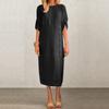 Ladies' Casual And Fashionable Solid Color Round Neck Short Sleeved Button Slit Mid Length Dress