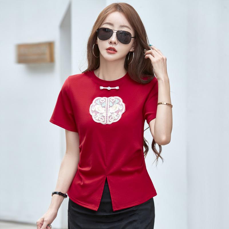 

Летняя женская футболка в китайском стиле, тонкие тонкие топы с короткими рукавами 3XL бордовый